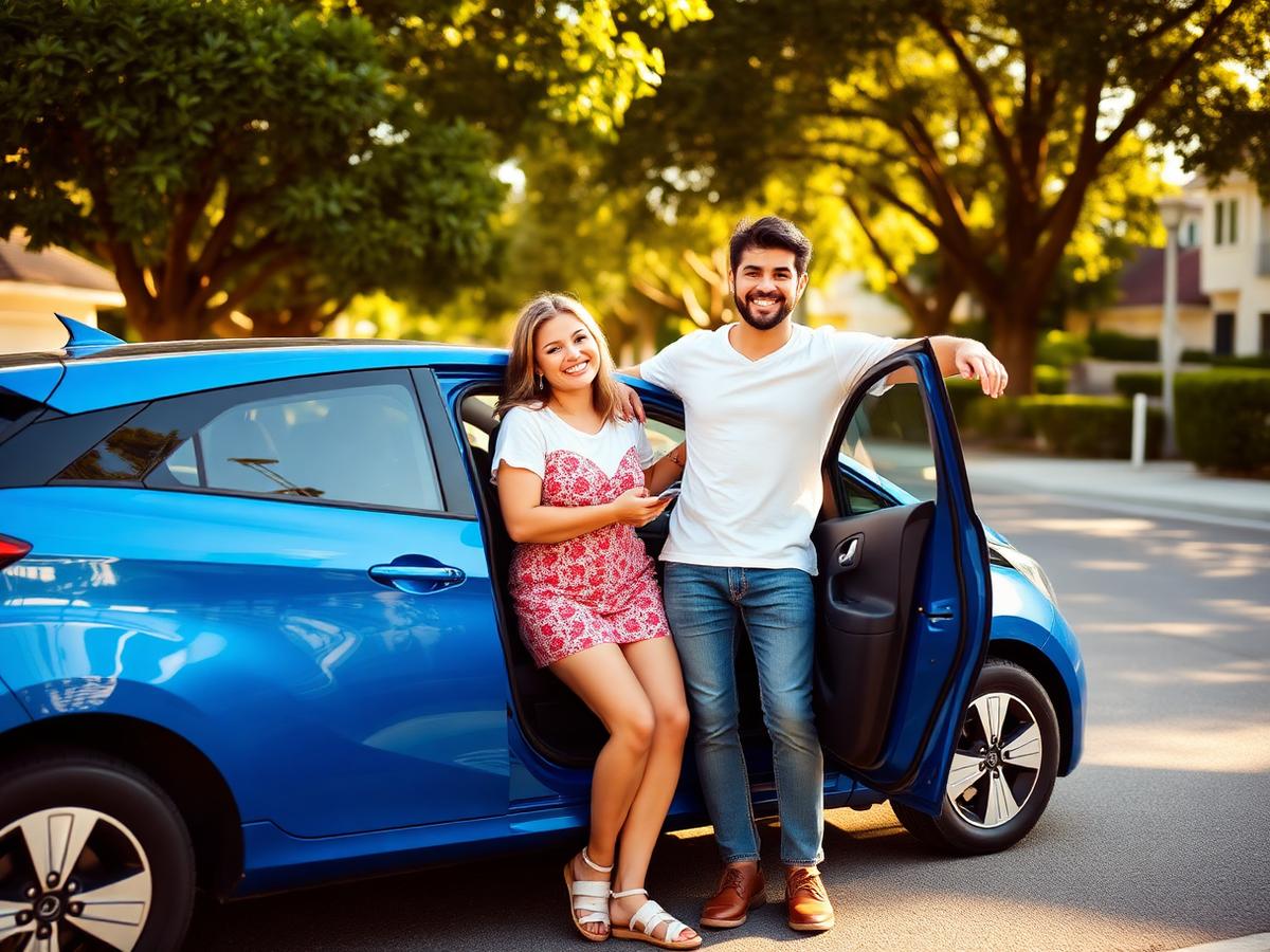 Casal feliz ao lado de um carro segurado pela All Risk